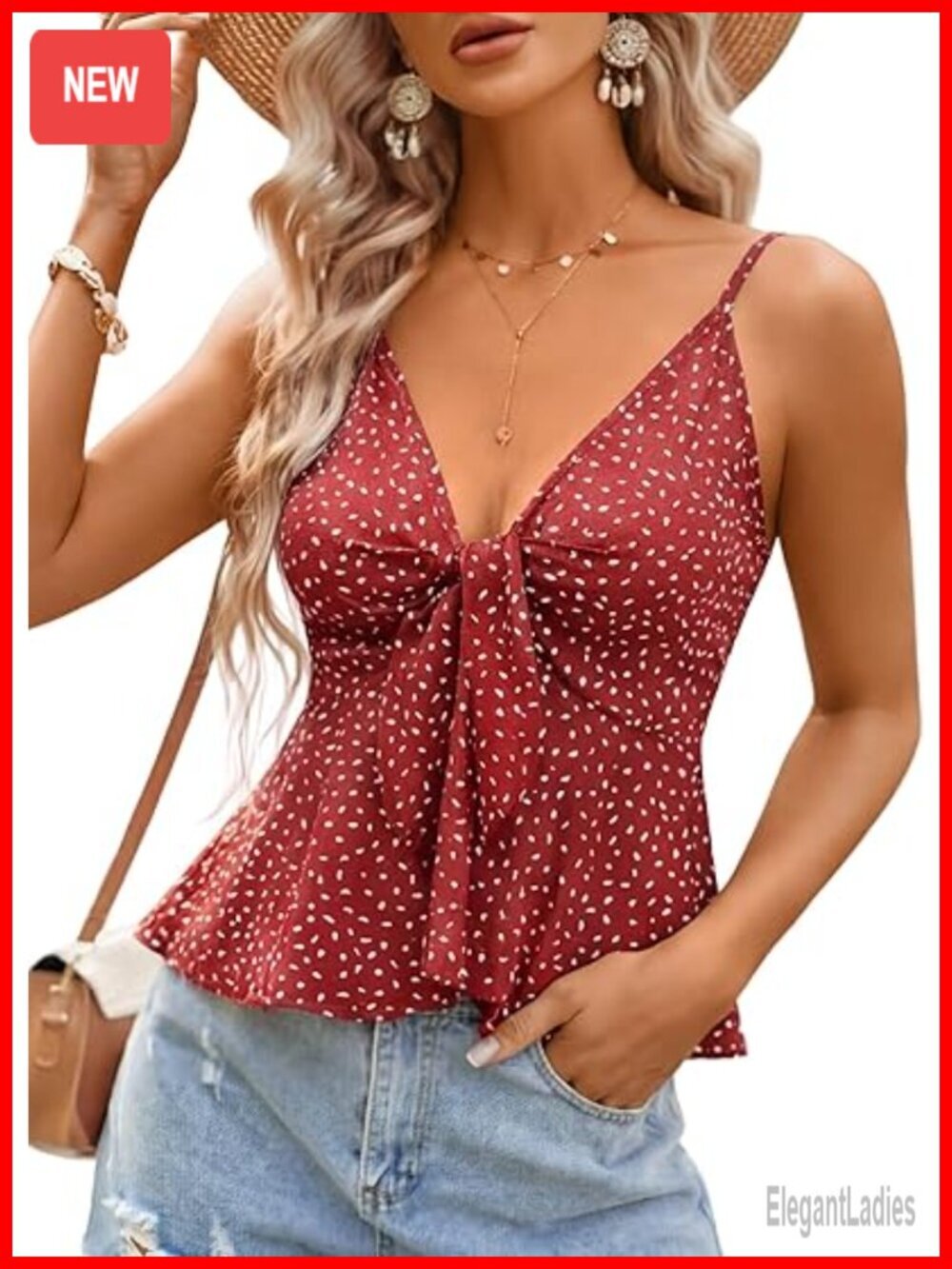 V Neck Tie Front Sleeveless Adjustable Spaghetti Strap Ruffle Hem Peplum Cami